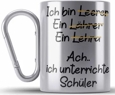 Produktbild von Trendation - Lehrer Edelstahl Tasse Karabiner Geschenk Karabiner Edelstahl Tasse Karabiner Edelstahl mit Spruch Lehrer Geschenkidee Lustig Sprüche (Silber)