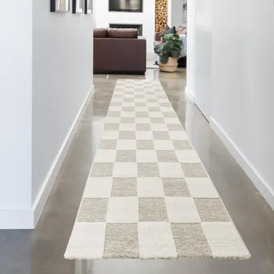 Produktbild von Wohnzimmerteppich im Karomuster flauschig robust in Creme Beige Größe - 80 x 300 cm