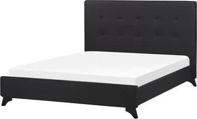 Produktbild von BELIANI Polsterbett Schwarz Stoffbezug Leinenoptik mit Lattenrost 140x200 cm Hohes Kopfteil Gesteppt Holzbeine Modern Schlafzimmer Doppelbett Ehebett
