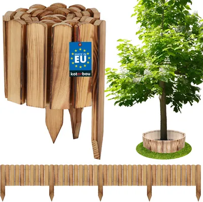 A collage of wooden garden edging products, including a bundle of edging, a tree with edging around its base, and a long section of edging.