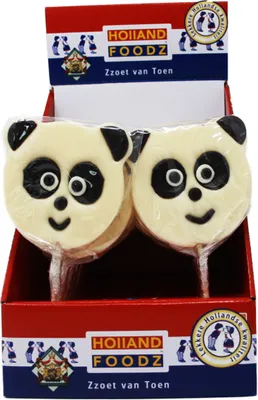 Obrázek produktu pro Holland Foodz Panda lízátka v černobílé barvě 100 g, 17 kusů, stojánek