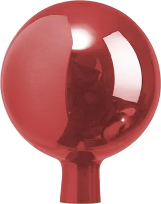 A close-up studio shot of a red glass sphere on a white background.