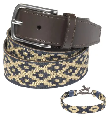Produktbild von Leder Gürtel mit Passendem Armband und Stickerei, Beige-Blau