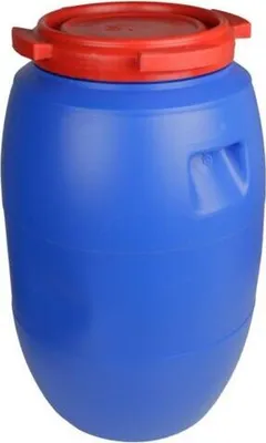 A blue plastic barrel with a red lid.