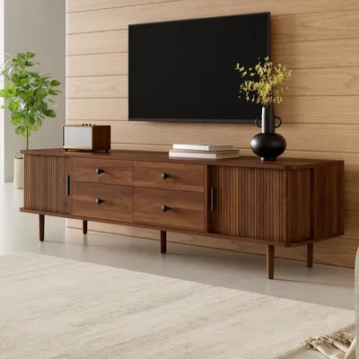 Produktbild von okwish Moderner TV-Schrank mit 4 Schubladen und abgerundeten Kanten, TV-Lowboard mit Schiebetüren,für Wohnzimmer,Nussbaum