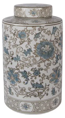 Image de Clayre & Eef Vase avec couvercle Ø 18x30 cm Blanc Bleu Céramique