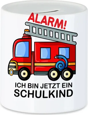Produktbild von Alarm Ich Bin Jetzt Ein Schulkind Spardose Rotes Feuerwehr-Auto Einschulungsgeschenk Idee