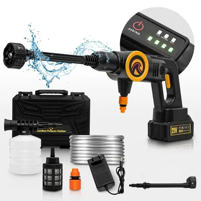 A cordless pressure washer and its accessories are displayed on a white background.