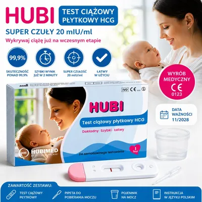 Zdjęcie produktu dla Test ciążowy HUBI HCG płytkowy superczuły 20 mIU/ml CE 1 sztuka