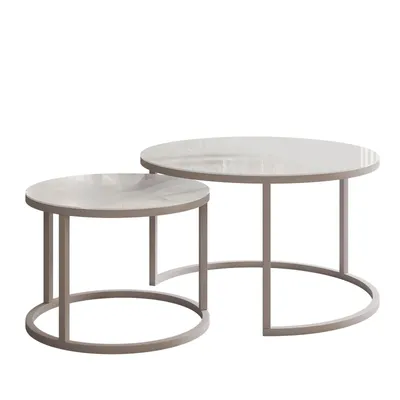 Two nesting round coffee tables with white marble-like tops and gray metal frames, presented against a white background.