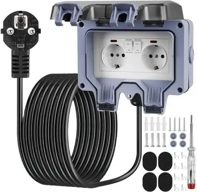 Productafbeelding van Buitenstopcontact, waterdicht IP66, dubbel stopcontact voor buiten met 5 m verlengkabel, schakelaar controlelampje