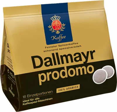 A bag of Dallmayr Prodomo coffee pads.