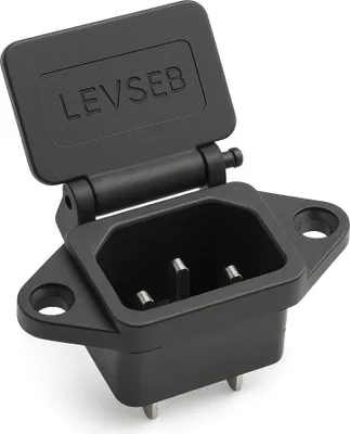 A black electrical connector with a hinged cover.