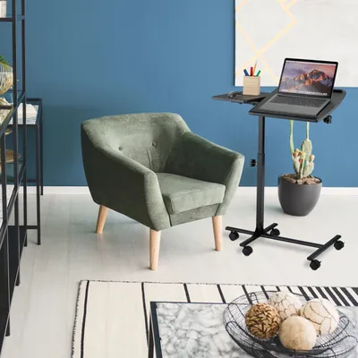Produktbild von Relaxdays Laptoptisch, höhenverstellbar, mit Rollen, neigbare Tischplatte, PC Tisch, HxBxT: 65–85 x 61 x 40 cm, schwarz