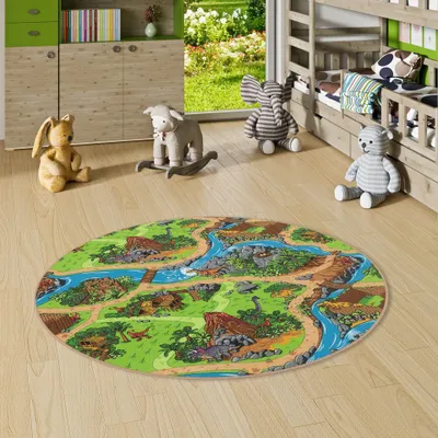 Produktbild von Kinder Spiel Straßen Teppich Dino Welt Grün Rund, Größe:300 cm Rund