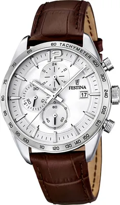 A close-up studio shot of a men's wristwatch with a brown leather strap.
