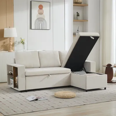 Produktbild von Merax Ecksofa mit Stauraum, Chenille Couch L-Form, Schlafsofa 3-Sitzer mit Armlehnenregalen, Chaiselongue links/rechts montierbar, Beige