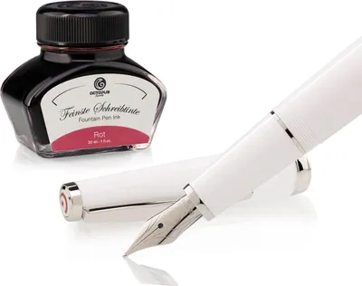 Produktbild von Füllhalter Set Cleo Skribent Classic Palladium Weiß, Patronen-Füllhalter und 30 ml Tinte Rot