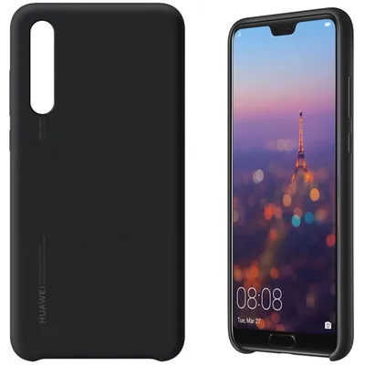 A black phone case is shown next to a Huawei P20 smartphone.