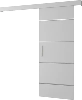 A sliding door with horizontal paneling and a silver handle, mounted on a track.