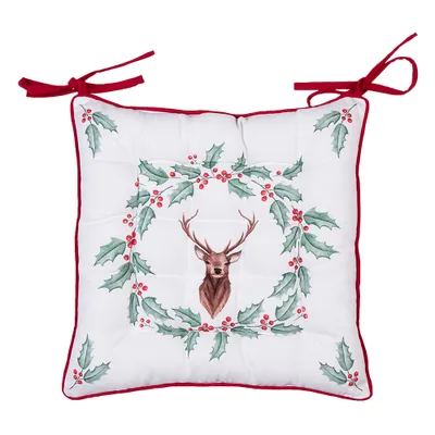 Produktbild von Clayre & Eef Stuhlkissen Schaumstoff 40x40x4 cm Weiß Rot Baumwolle Hirsch und Stechpalmenblätter