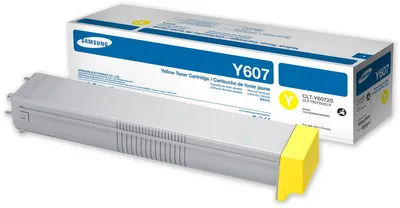 A Samsung yellow toner cartridge and its packaging are shown against a white background.