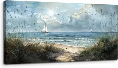 Produktbild von Famanu Canvasbild - Wanddekoration Kunstwerk - Handgespannt - 50x100 cm - Segelboot Küste