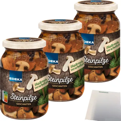 Produktbild von EDEKA Steinpilze waldfrisch geschnitten 3er Pack (3x180g Glas) + usy Block