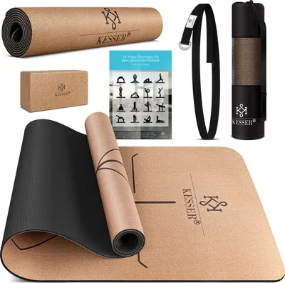 Produktbild von KESSER® Yogamatte Kork Inkl. Tragegurt Tasche & Yoga-Block Gymnastikmatte Yoga Matte rutschfest aus Naturkautschuk TPE Fitnessmatte, 183 x 62 Trainingsmatte für Fitness Sportmatte, Gymnastik extradick
