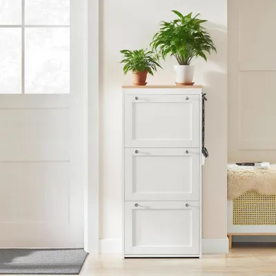 Image de Rangement à chaussures - Armoire à chaussures - Rangement pour chaussures - Meuble d'entrée - Banc à chaussures - 3 portes battantes - Étagères réglables