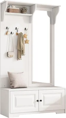 Image de Ensemble de meuble de rangement mural avec miroir et 5 crochets, ensemble de meuble de rangement pour entrée avec banc à chaussures et étagères, 100x40x180 cm, blanc, HNDE013