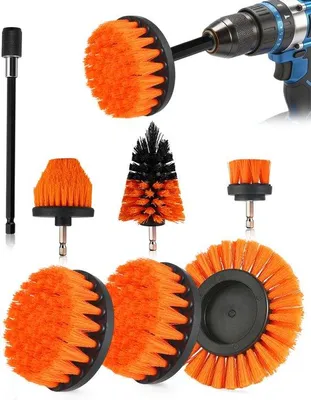 Produktbild von Akkuschrauber-Zubehörset mit 7 Teilen – Teppichbürste, Reinigungsbürste, Bürsten-Set zum Bohren, 15 cm Verlängerung für Auto, Badezimmer, Küche, etc