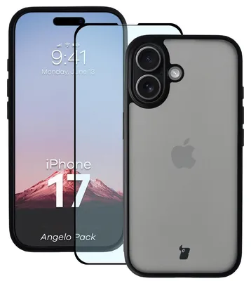 Produktbild von Schutzhülle + gehärtetem Glas Bizon Angelo Pack für iPhone 17, Getönte mit schwarzem Rahmen