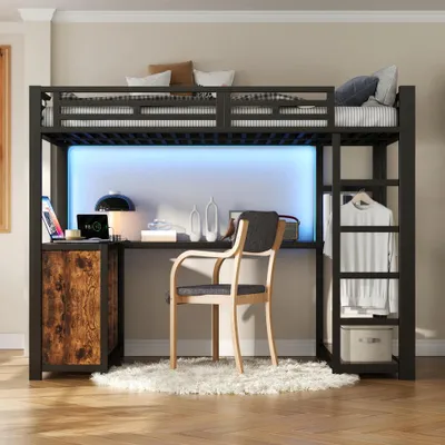 Obrázek produktu pro Postel s horní palandou - 140 x 200 cm - Černý kovový rám - Integrovaný pracovní prostor - LED osvětlení s USB nabíjecími porty - Velký úložný prostor