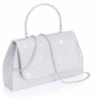 Productafbeelding van Zilveren clutch met glitter, metalen handvat, afneembare ketting, 22x11x5 cm, elegante dameshandtas