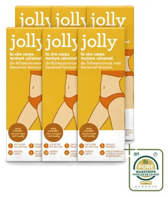 Immagine prodotto di 6 confezioni di cera depilatoria Jolly, profumo caramello, contenenti 20 strisce di cera ciascuna, confezione risparmio, 6 pezzi