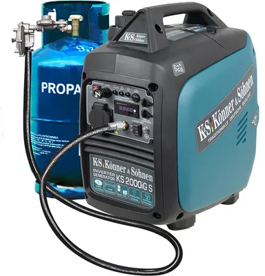A blue propane tank is connected to a teal and black portable generator.