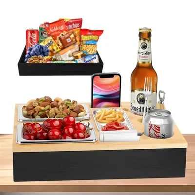 Produktbild von Juksun Sofatablett Snackbox 25.9x38x8cm Bambus Edelstahl mit 3 Schalen und Handyhalter für Sofa