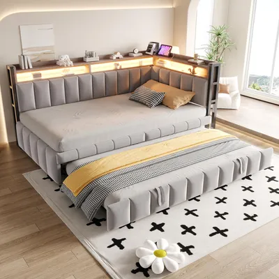 Image de Canapé-lit 90x200 cm, avec éclairage LED, port USB, espace de rangement, étagères, couleur gris foncé