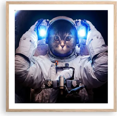 Produktbild von Gerahmtes Poster - Rahmen in heller Eiche - Kosmonaut Katze - 60x60 cm - Wand Bild - Wanddeko - Wandbilder - Kunstposter - Wandposter - Bilderrahmen - Bilder - Kunstdruck - Wandbild - P2NAC60x60-3734