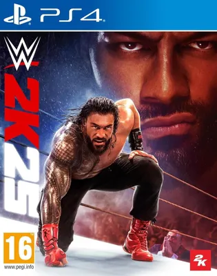 Cover art for a video game, featuring a wrestler in the foreground and a larger image of another wrestler in the background.
