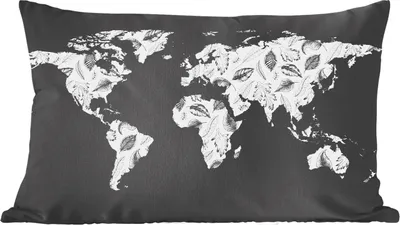 Produktbild von MuchoWow® Zierkissen Sofakissen Wohnzimmer Dekokissen 50x30 cm Weltkarte - Blätter - Schwarz - Weiß - Wohnzimmerdekoration - Polster mit Photo