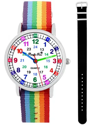 Produktbild von Kinder Armbanduhr Mädchen Jungen Uhr Lernuhr Einschulung 2 Armbänder Regenbogen schwarz