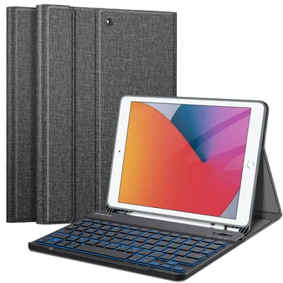 Produktbild von Fintie Hülle mit Tastatur für iPad 9. / 8. / 7. Generation (10.2 Zoll, 2021/2020/2019), Beleuchtete Magnetisch Abnehmbarer Tastatur mit Schutzhülle, Deutsches QWERTZ-Layout, Dunkelgrau