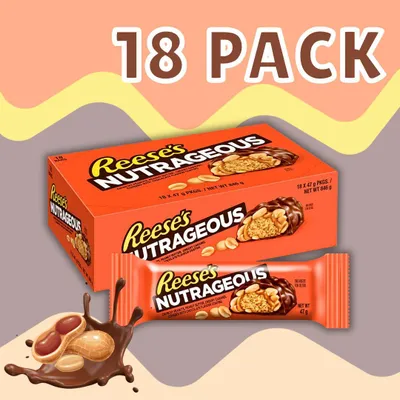 Produktbild von 18x Reese’s Nutrageous Schoko-Erdnussbutter Riegel (18x47g) | Milchschokolade mit Erdnussbutter, Karamell & Erdnüssen |     +Heartforcards Versandschu