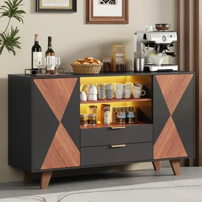 Produktbild von Flieks Sideboard mit LED-Beleuchtung, Schubladen, verstellbaren Einlegeböden, Kommoden für Esszimmer und Wohnzimmer, Standschrank 150x40x90cm, Schwarz