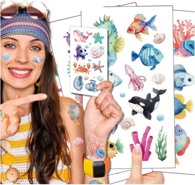 Produktbild von Bunte temporäre Tattoos mit Unterwassertieren für Kinder, Set mit 20 Bögen