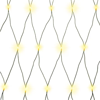 A close-up of a net of LED lights against a white background.