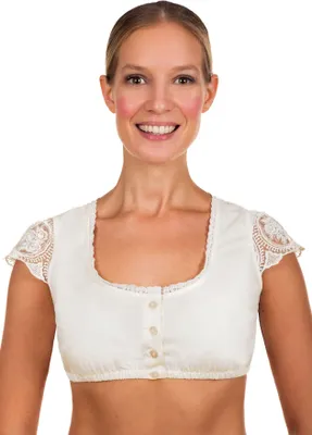 Produktbild von Dirndlbluse Romy, elegant, mit Spitzenärmeln, Rosenstickerei und Häkelborte, Größe 46