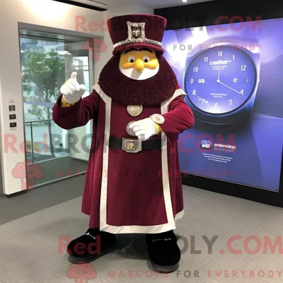 Produktbild von Maskottchen REDBROKOLY eines kastanienbraunen Zirkusdirektors mit Wickelrock und Digitaluhren